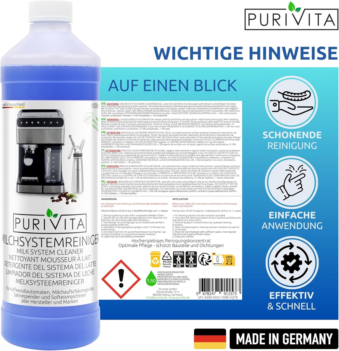 Purivita - Milchsystemreiniger Kaffeevollautomat - 1000ml Konzentrat 	12,50 €  / 1 Liter