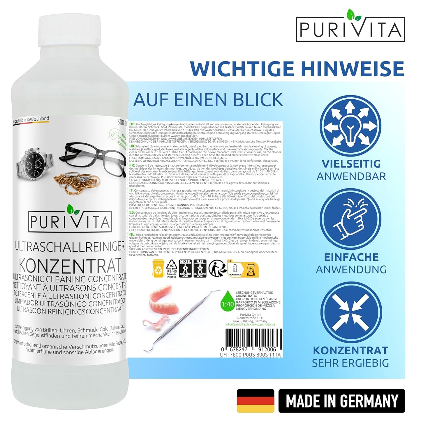 Purivita Ultraschallreiniger, Konzentrat, 500 ml