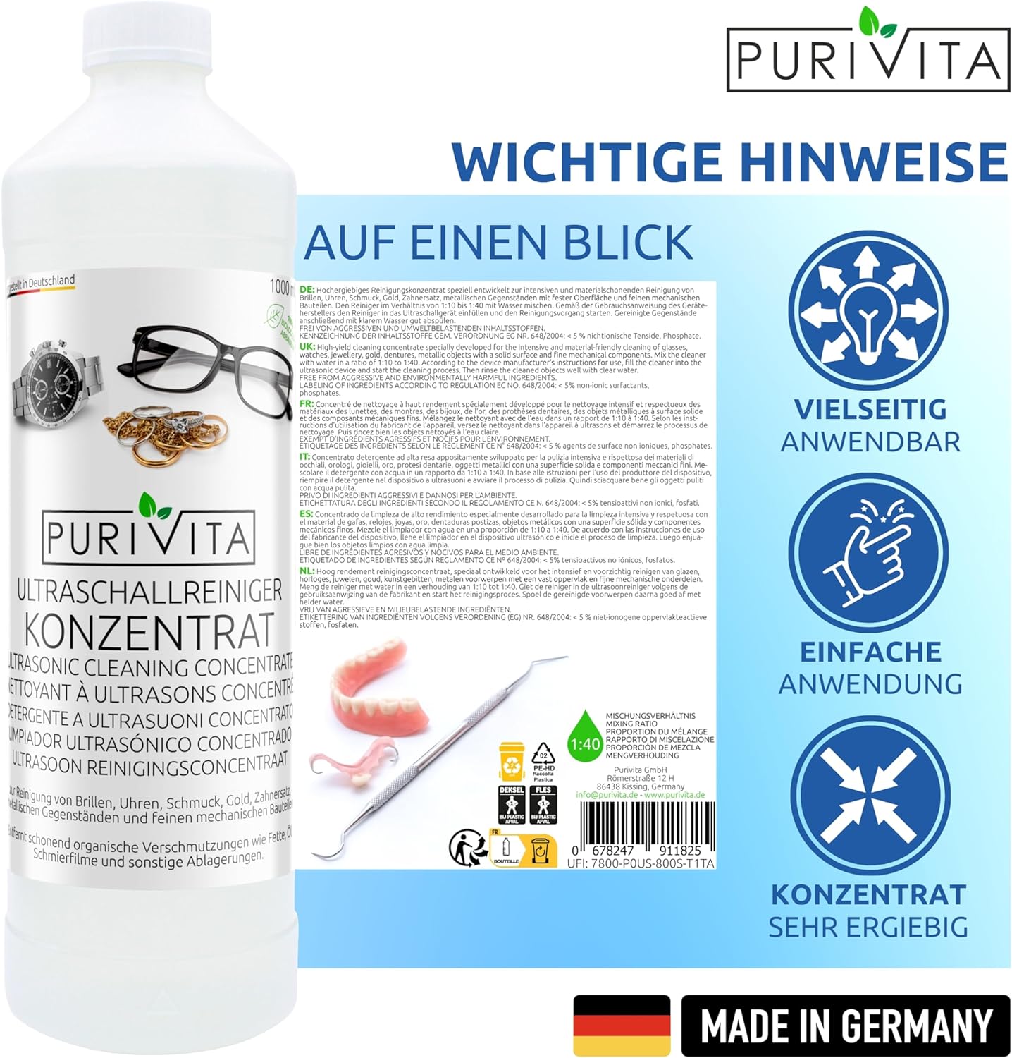 Purivita Ultraschallreiniger, Konzentrat, 1000 ml