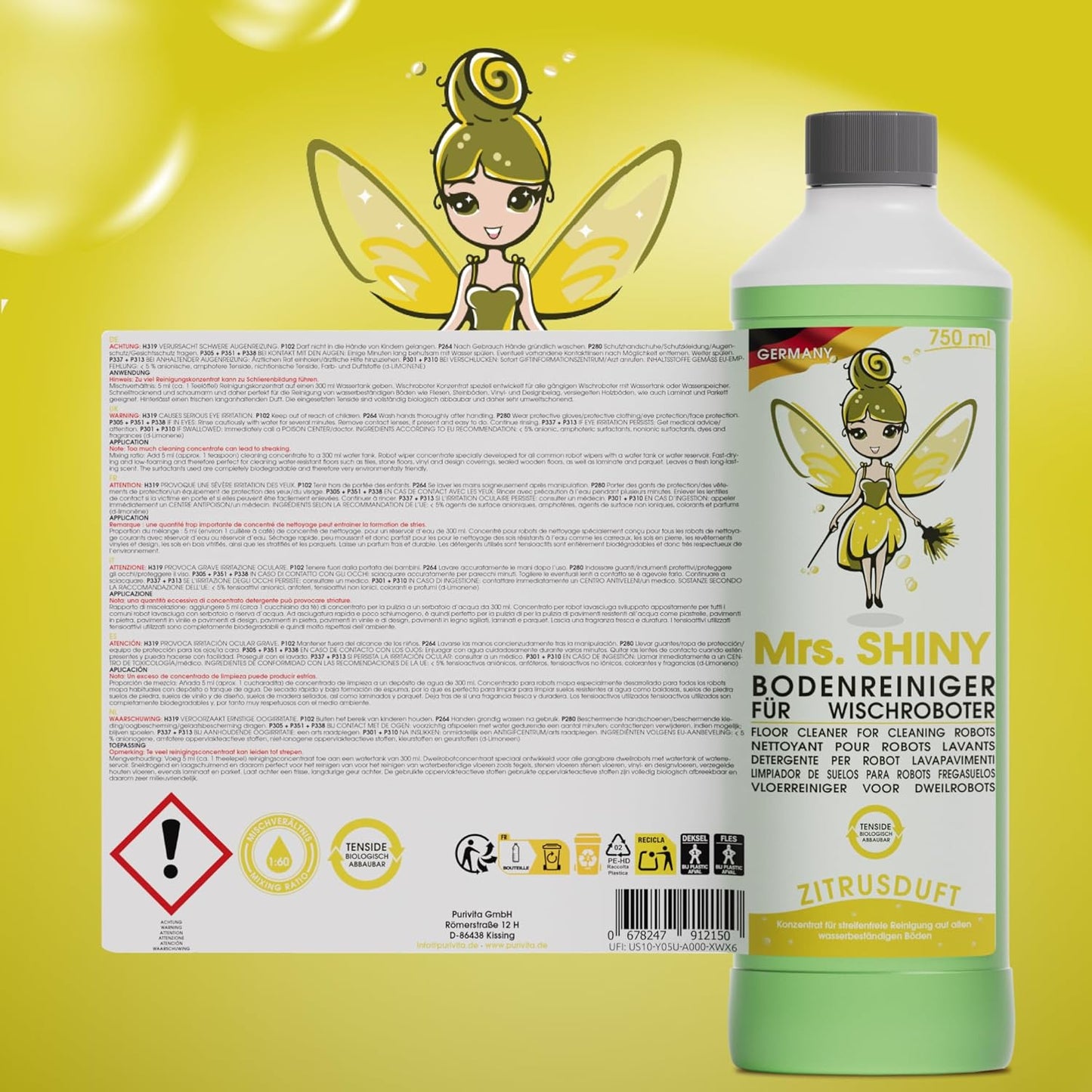 Mrs. Shiny-Bodenreiniger für Wischroboter 750ml Konzentrat Duft : Zitrus